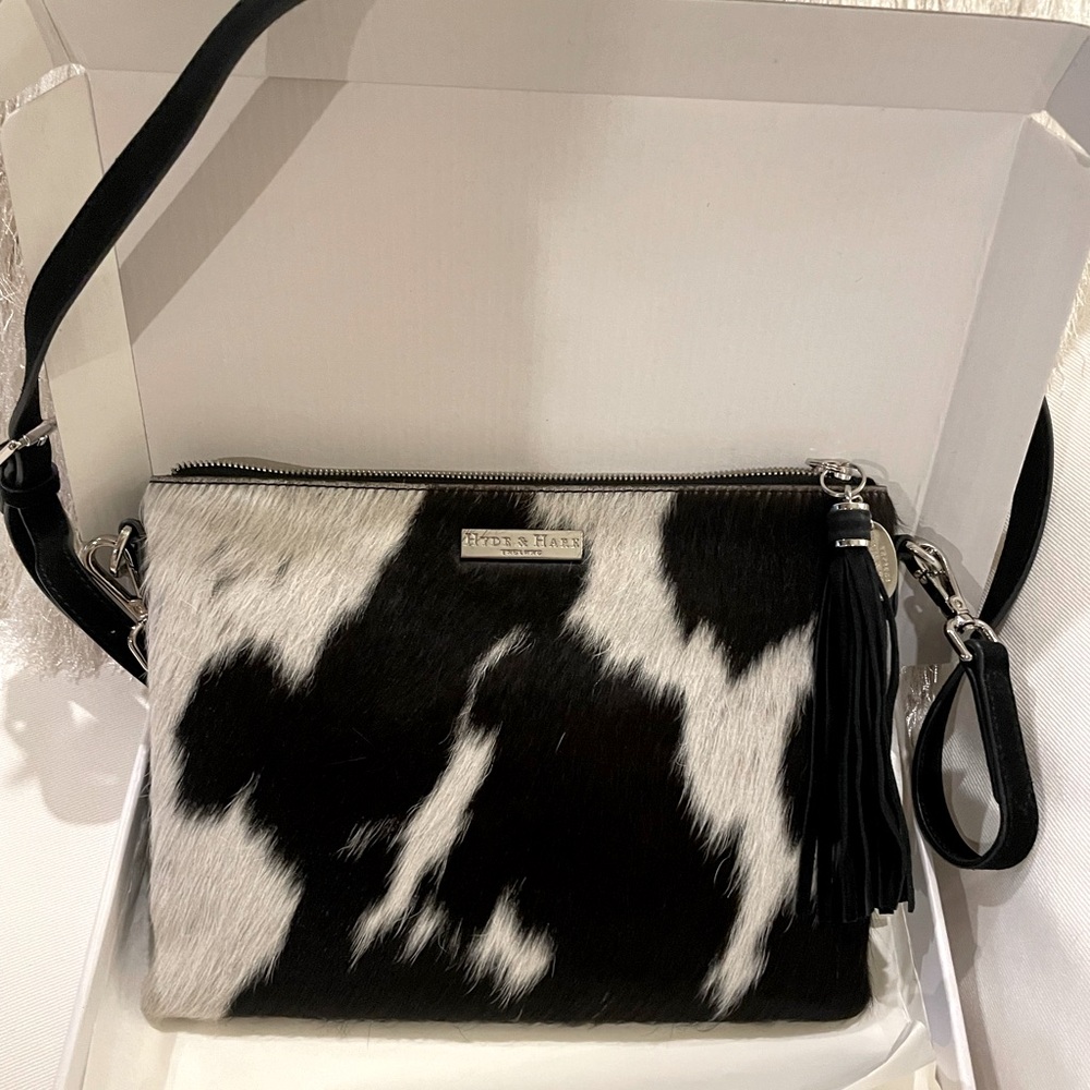Gorgeous Black & White Hand -Selected Cowhide Purse with Suede strap & tassel.